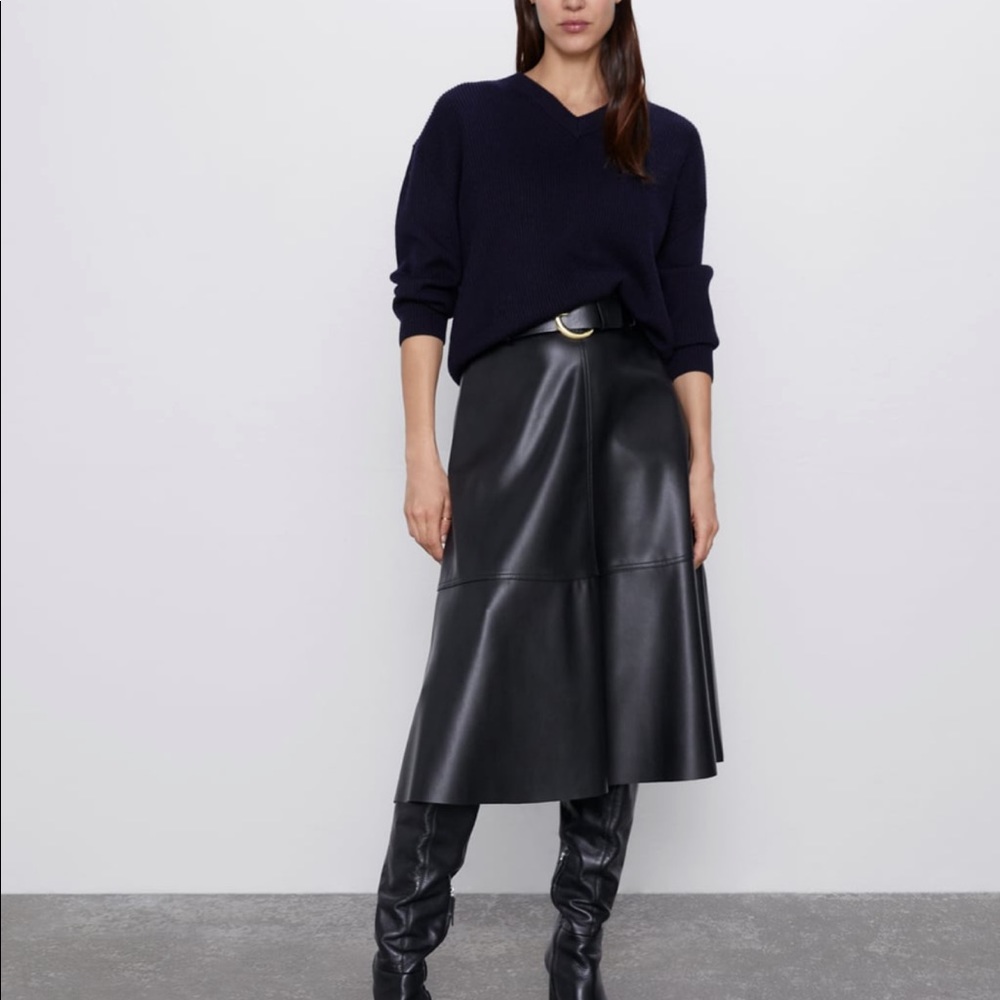 Zara Black Faux Leather Skirt with Belt